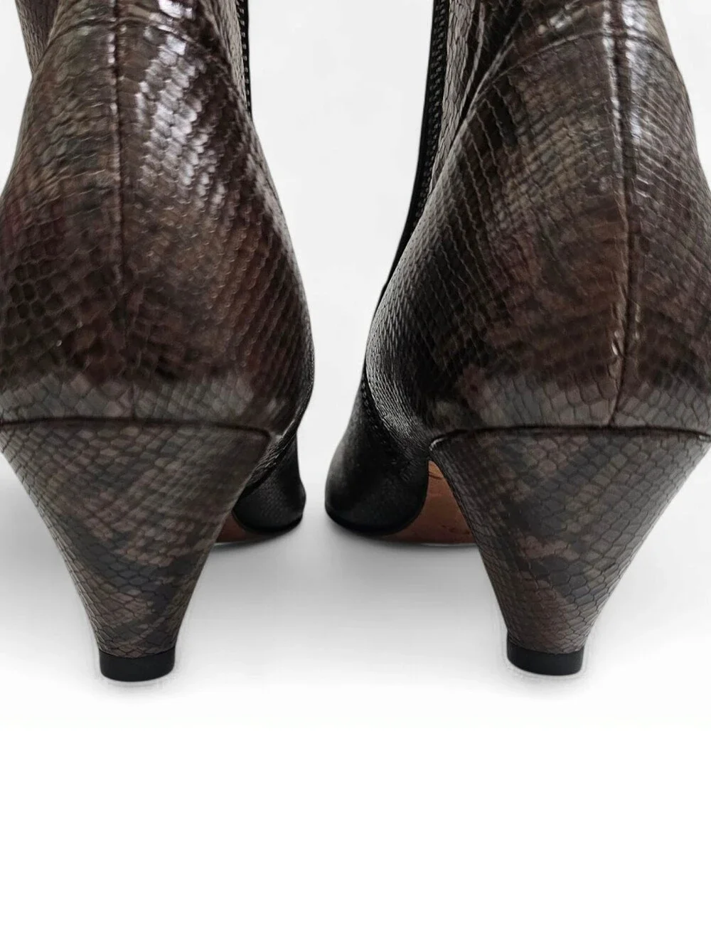 VINCE Meta Brown Snake Print Leather Pointed Toe Kitten Heel Ankle Booties 8.5M